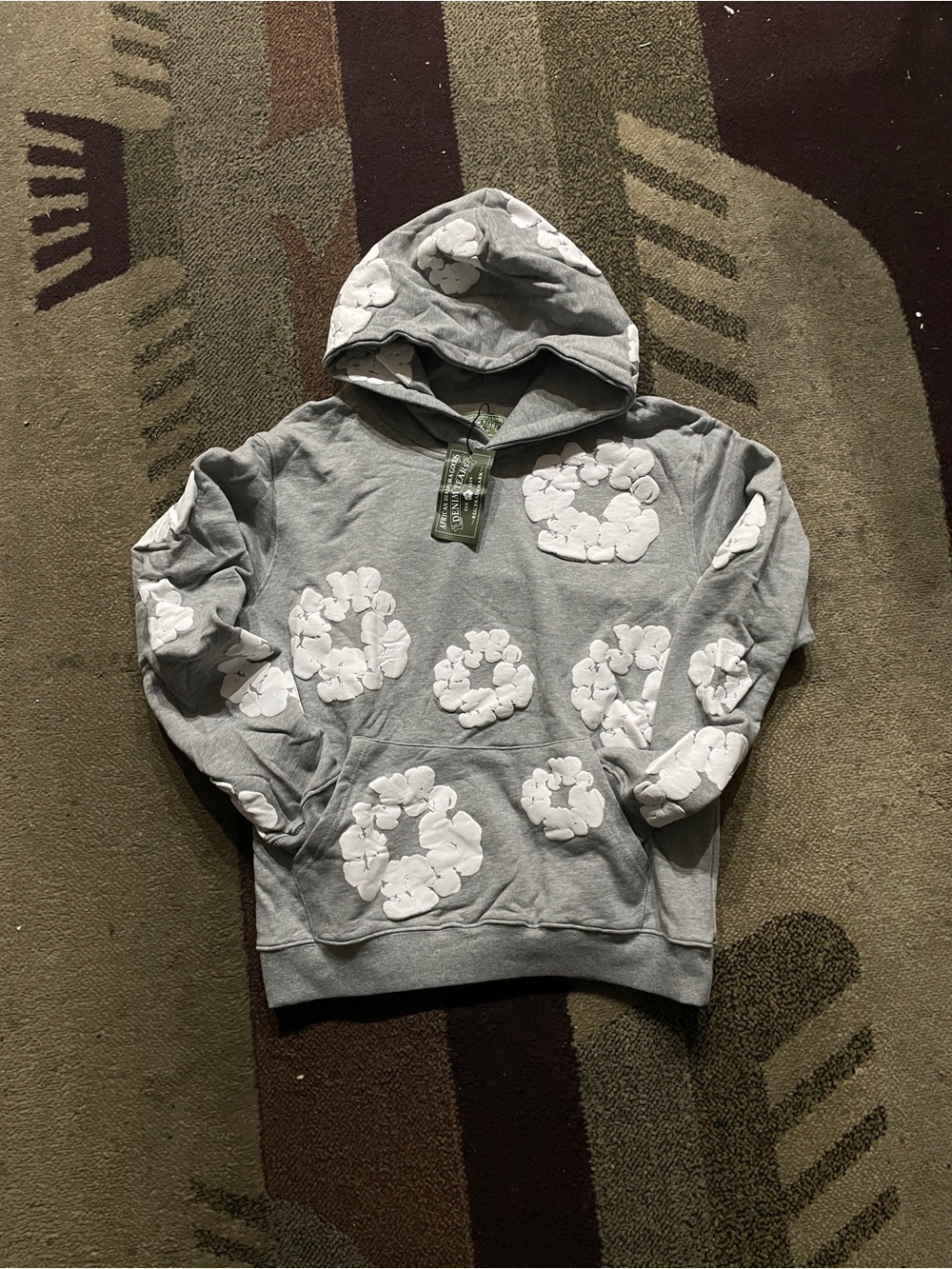 Gray Hoodie Sweatshirt with White Floral Appliqués - Men